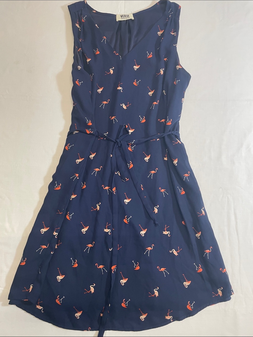 VERSE Shift Flamingo Navy Pink Flaming Tie Waist M